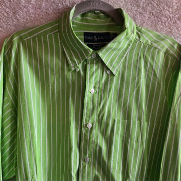 Ralph Lauren Men's Custom Fit Fine Two-Ply 100's Bright Green Striped Shirt - Picture 2 of 6